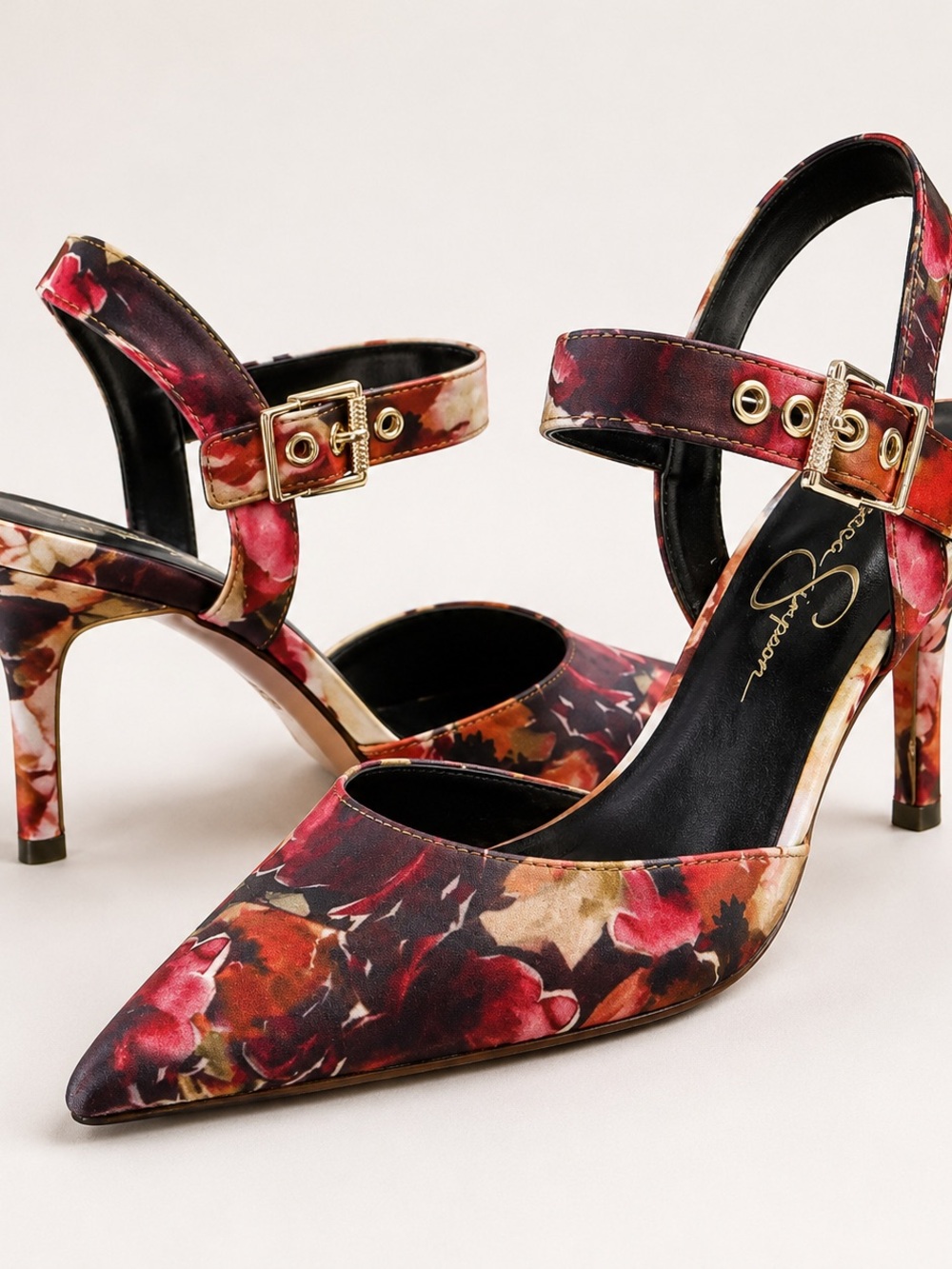 Floral Pointed Toe Floral Ankle Strap Heels in Red Multi